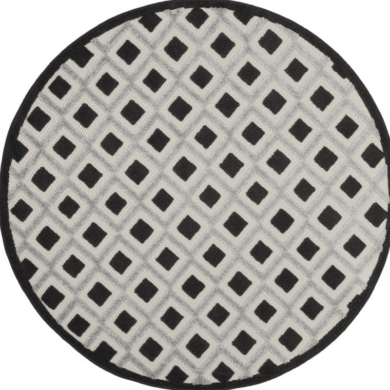5' Black And White Round Geometric Indoor Outdoor Area Rug