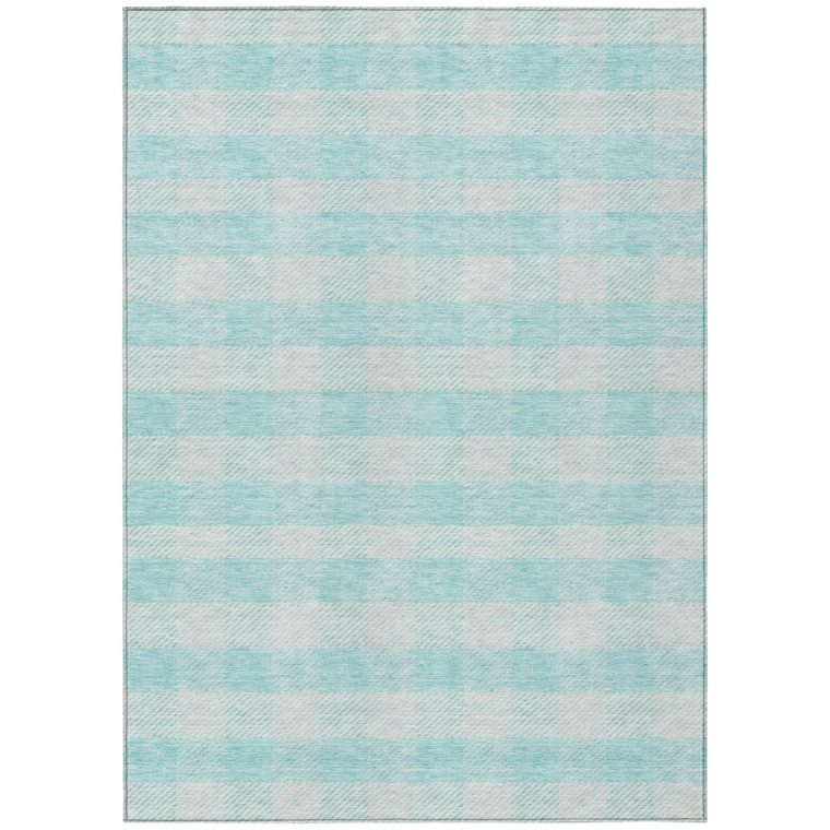 5' X 8' Aqua And Ivory Plaid Washable Indoor Outdoor Area Rug