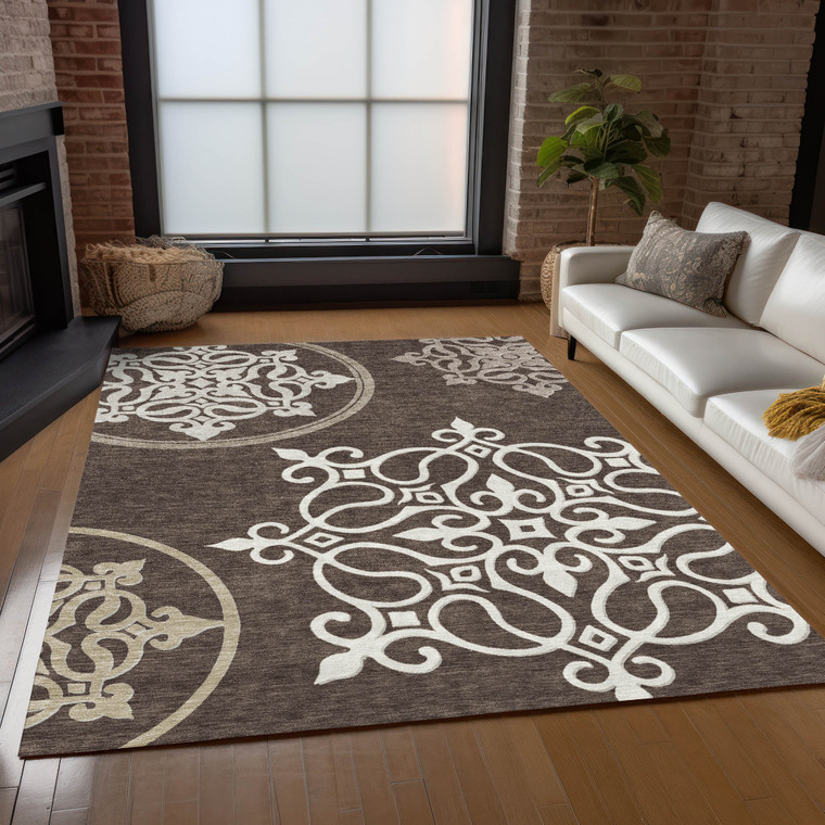 5' X 8' Chocolate Beige And Ivory Floral Medallion Washable Indoor Outdoor Area Rug