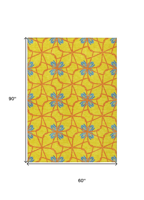 5' X 8' Yellow And Teal Blue Geometric Washable Indoor Outdoor Area Rug
