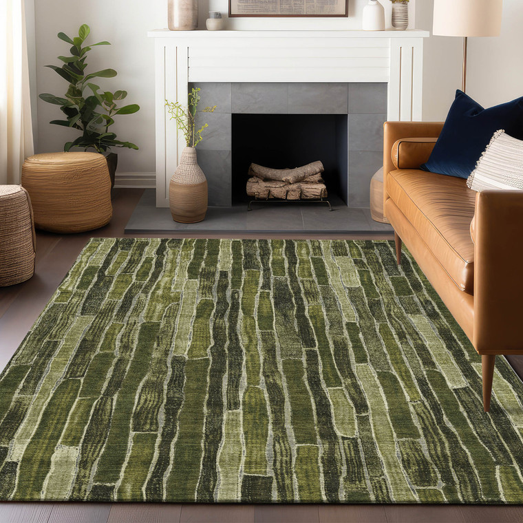 5' X 8' Olive Green And Dark Olive Green Striped Washable Indoor Outdoor Area Rug
