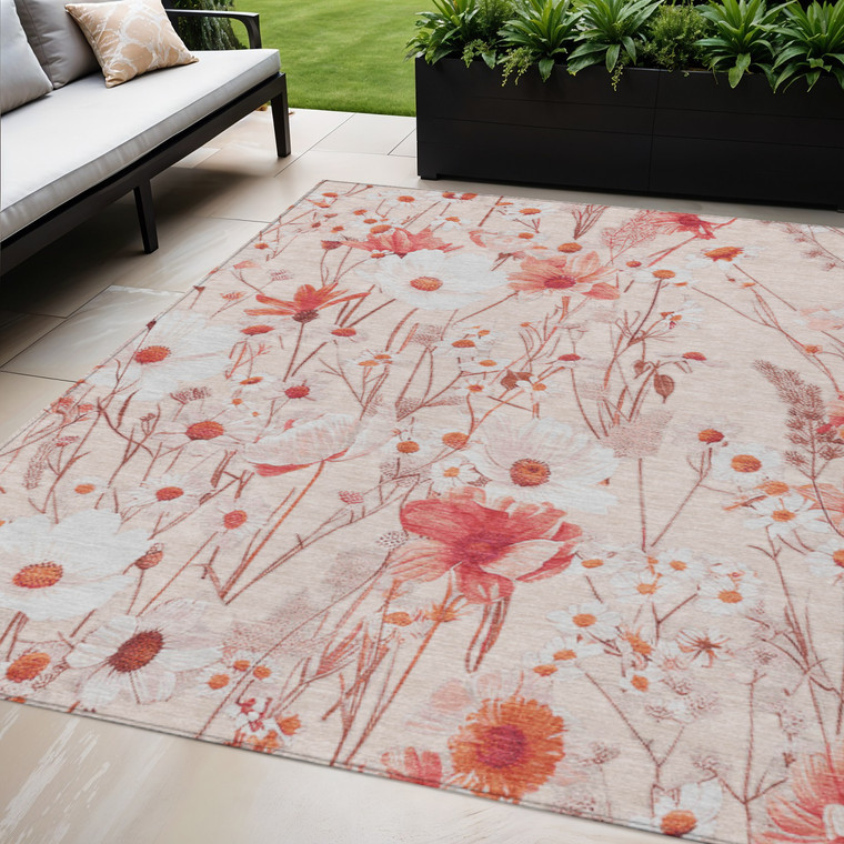 5' X 8' Salmon And Coral Floral Washable Indoor Outdoor Area Rug