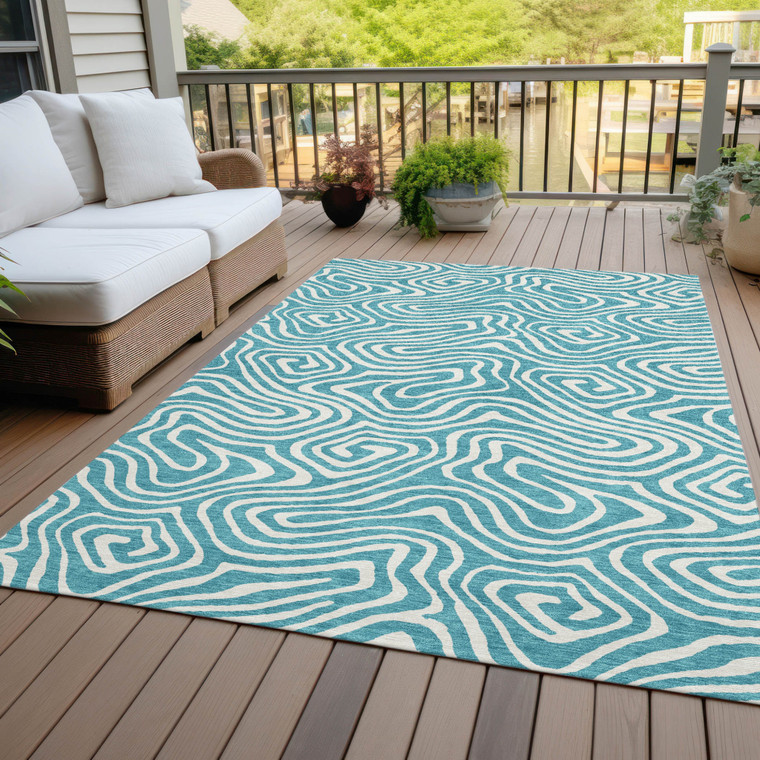 5' X 8' Teal Blue And Ivory Abstract Washable Indoor Outdoor Area Rug - Teal Blue, Ivory