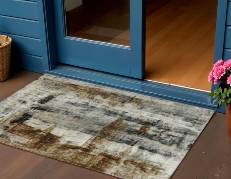 3' X 5' Taupe And Ivory Abstract Washable Indoor Outdoor Area Rug - Taupe, Ivory