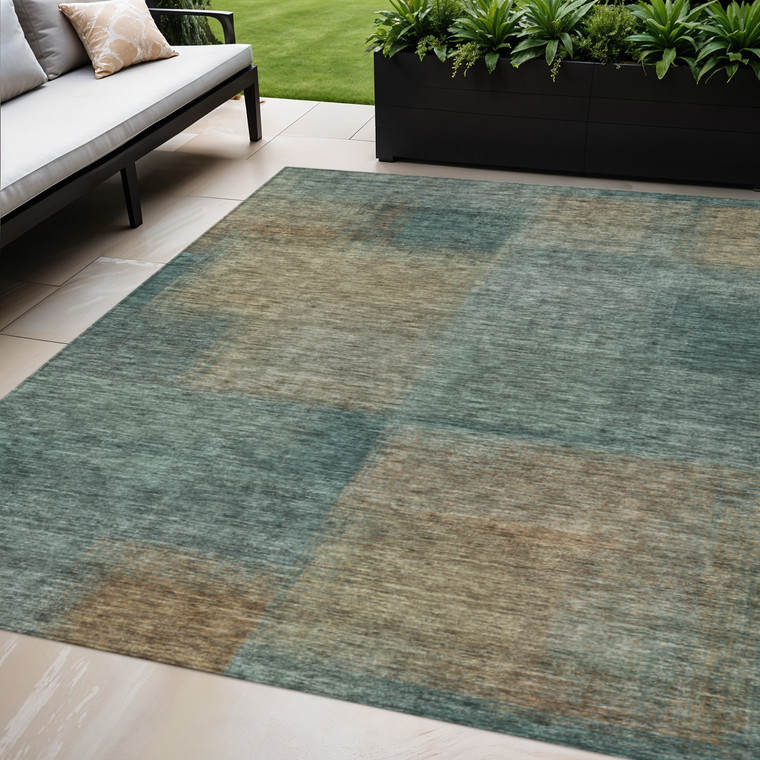 5' X 8' Teal Blue Brown And Taupe Abstract Washable Indoor Outdoor Area Rug