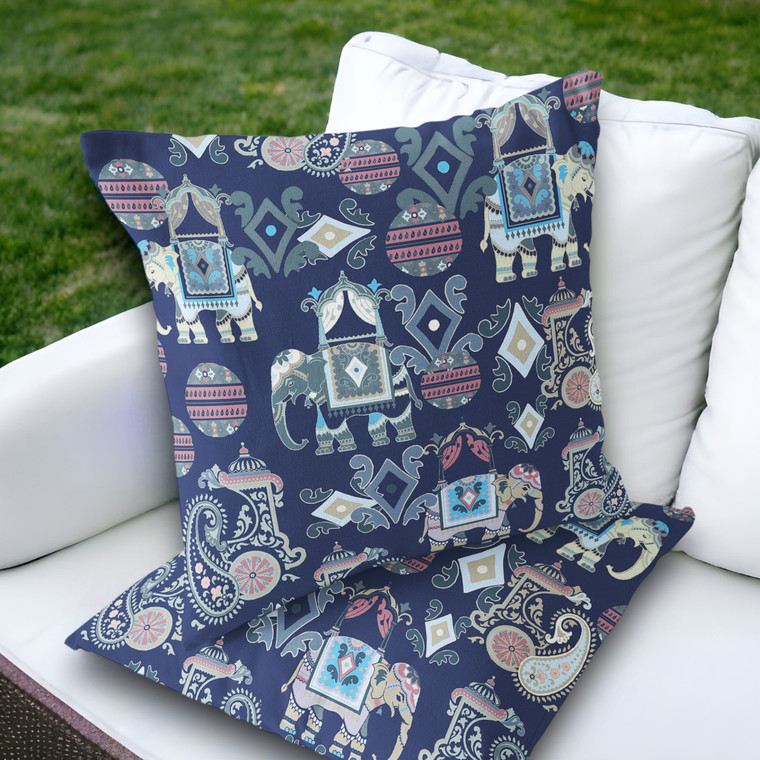 Set of Two 18" Blue Elephant Abstract Indoor Outdoor Throw Pillow Cover and Insert - 606114911586