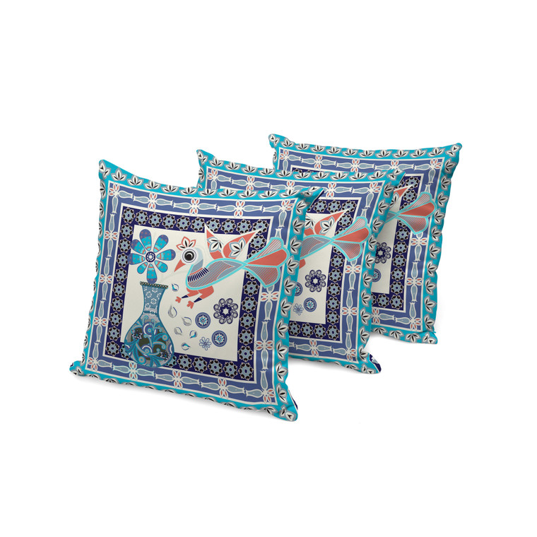 Set of Three 16" X 16" Blue and Off White Peacock Blown Seam Floral Indoor Outdoor Throw Pillow Polyester Home Accent