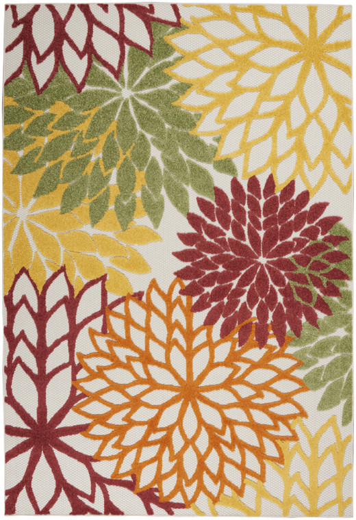 5' X 8' Ivory Yellow Orange And Green Floral Indoor Outdoor Area Rug