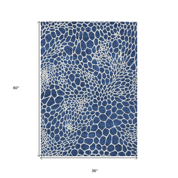 3' X 5' Navy Blue And Ivory Geometric Washable Indoor Outdoor Area Rug Transitional Style - Navy Blue, Ivory Color