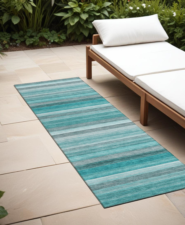 2' X 8' Teal Striped Washable Non Skid Indoor Outdoor Runner Rug