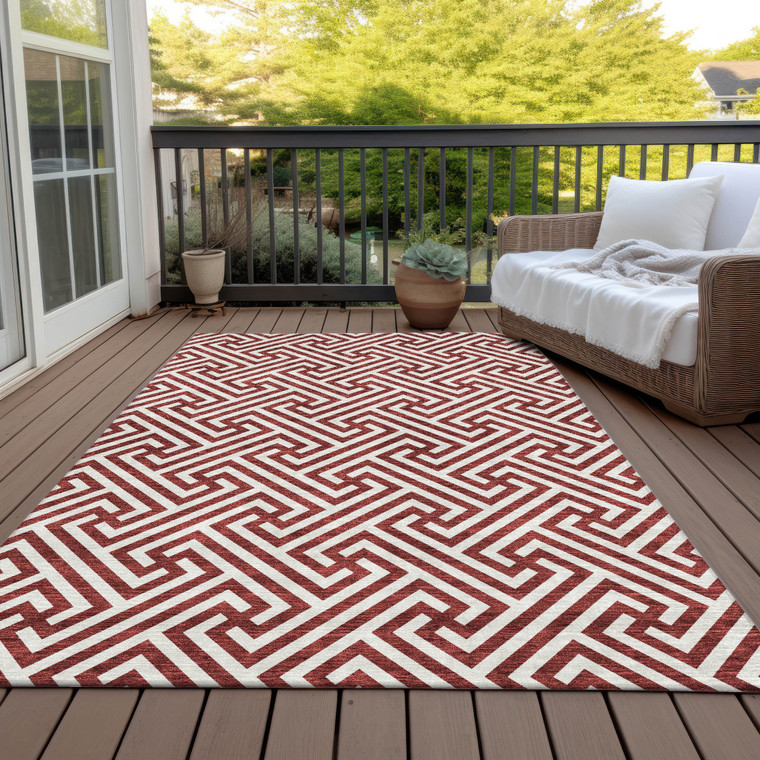 3' X 5' Merlot And Ivory Geometric Washable Indoor Outdoor Area Rug