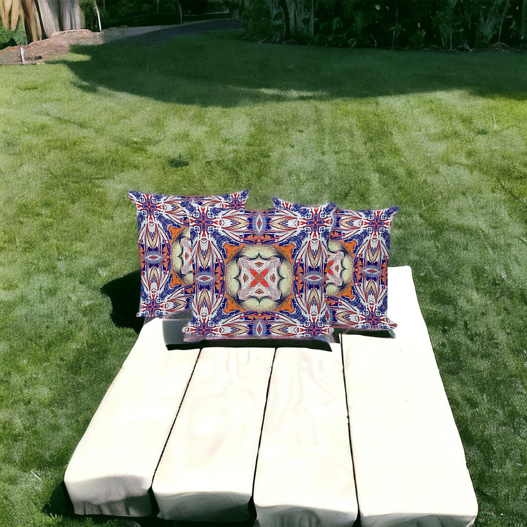 Set of Three 16" X 16" Blue and Orange Blown Seam Floral Indoor Outdoor Throw Pillow Polyester Modern Style