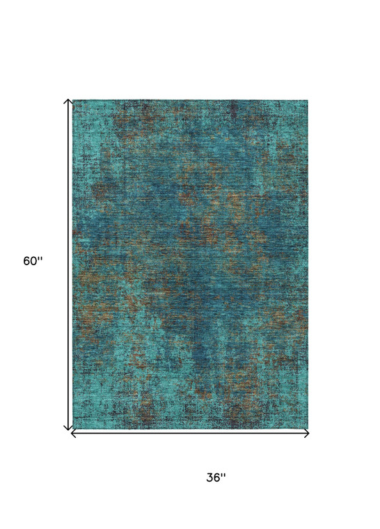 3' X 5' Teal Blue Navy Blue And Brown Abstract Washable Indoor Outdoor Area Rug