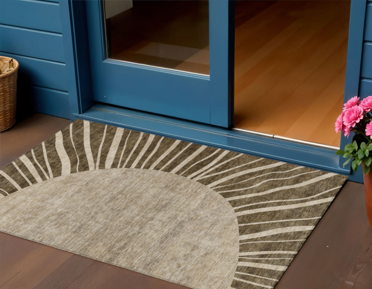 3' X 5' Brown Taupe And Beige Abstract Washable Indoor Outdoor Area Rug - Brown, Taupe, Beige