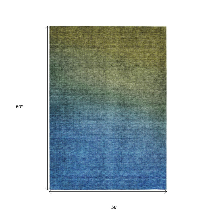 3' X 5' Olive Green Blue And Navy Blue Ombre Washable Indoor Outdoor Area Rug