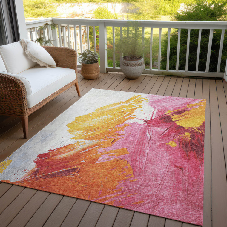 5' X 8' Blush Gold And Orange Abstract Washable Indoor Outdoor Area Rug