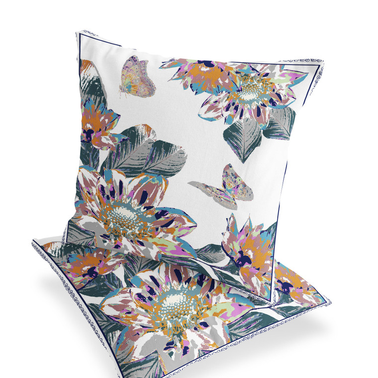 Set of Two 16" X 16" Pink and White Butterfly Blown Seam Floral Indoor Outdoor Throw Pillow