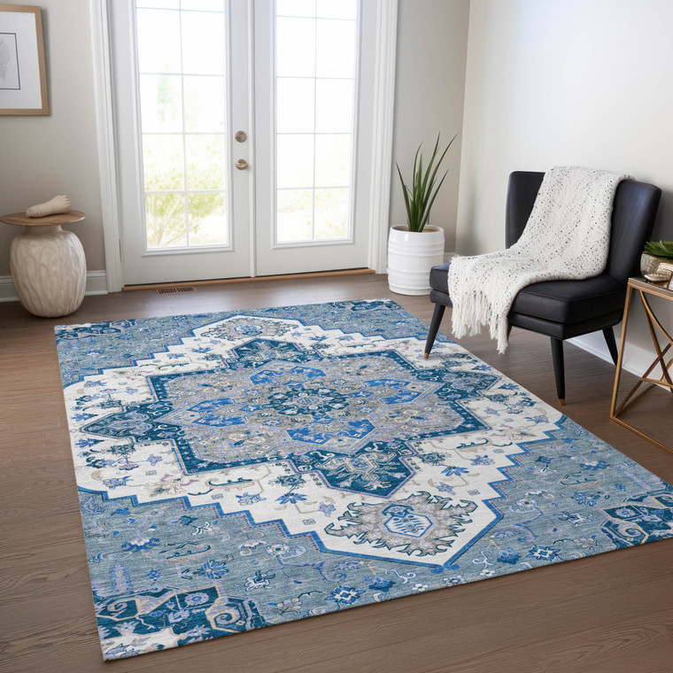 3' X 5' Blue Gray And Ivory Oriental Washable Indoor Outdoor Area Rug