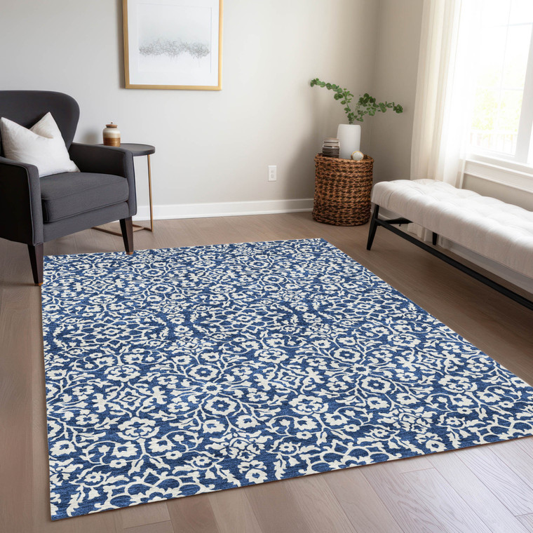 3' X 5' Navy Blue And Ivory Damask Washable Indoor Outdoor Area Rug - 608219037758