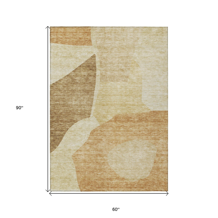 5' X 8' Beige Copper And Brown Abstract Washable Indoor Outdoor Area Rug
