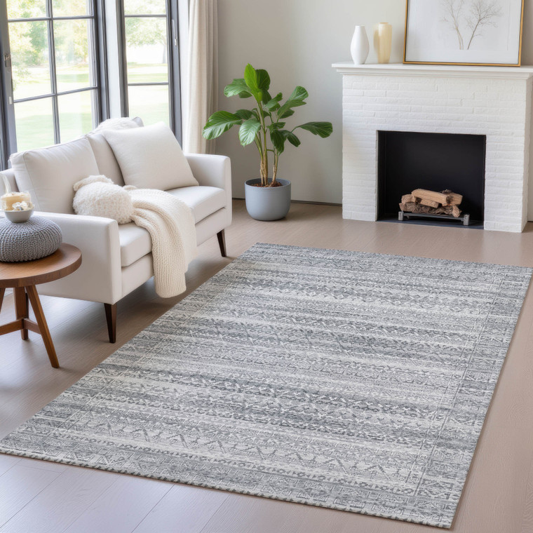 3' X 5' Gray And Silver Striped Washable Indoor Outdoor Area Rug - Gray, Silver