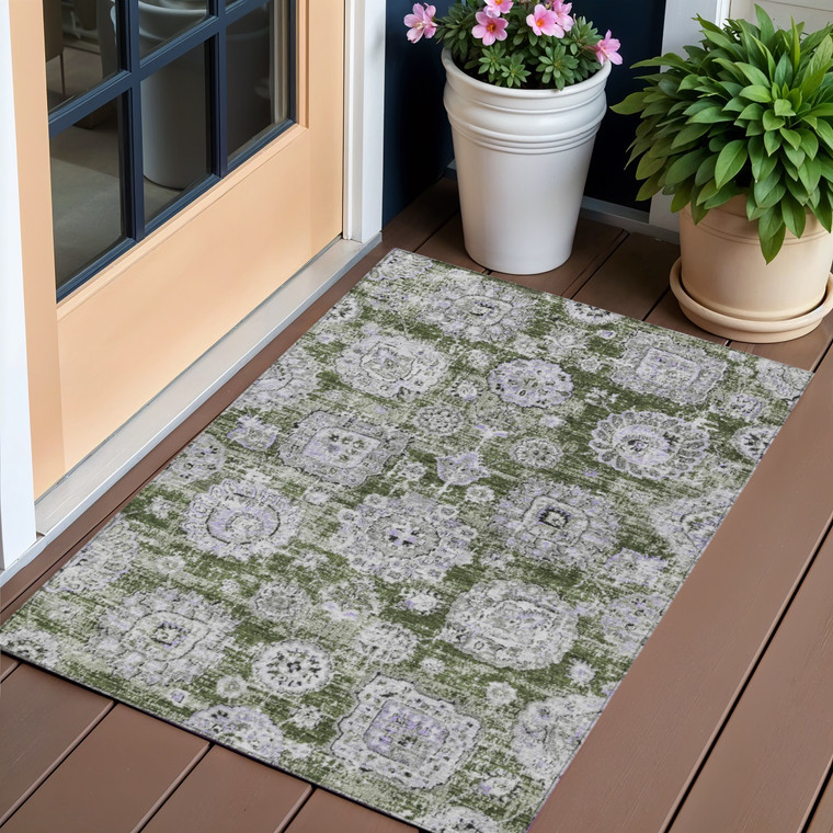 3' X 5' Olive Green And Gray Floral Washable Indoor Outdoor Area Rug