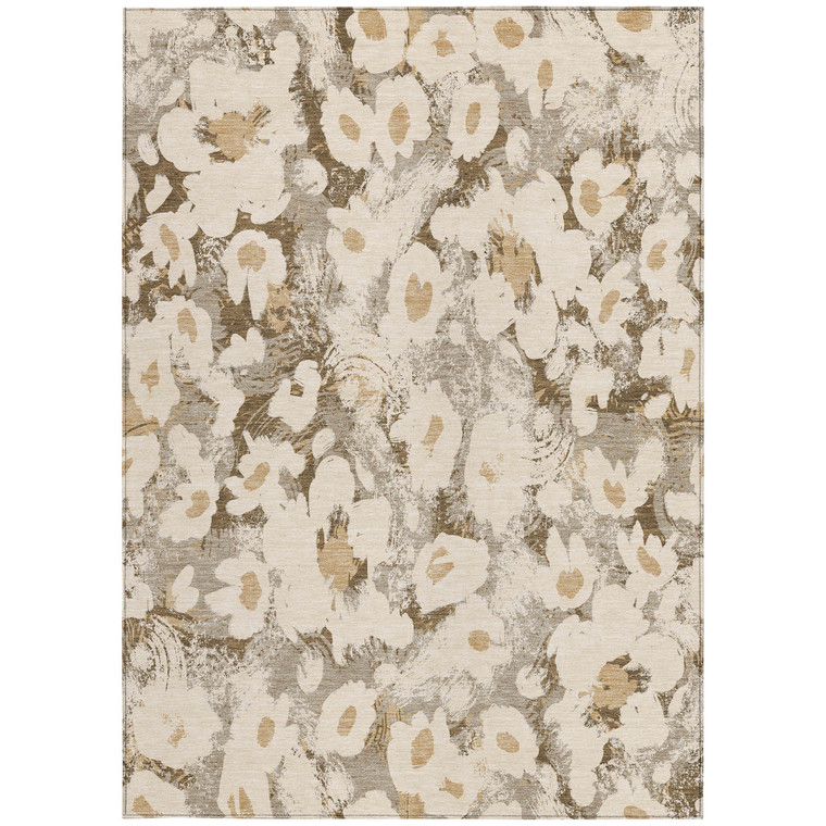 5' X 8' Khaki Floral Washable Non Skid Indoor Outdoor Area Rug