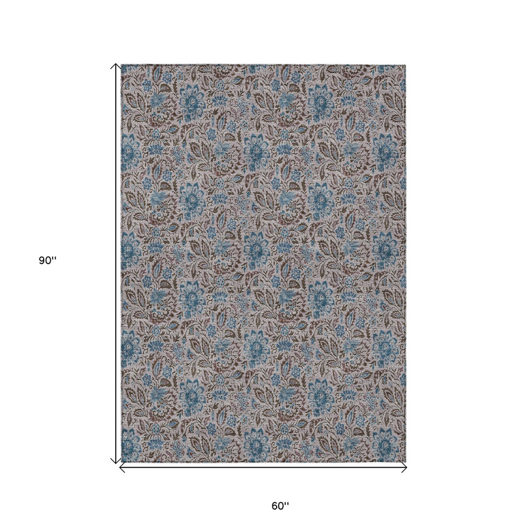 5' X 8' Brown And Blue Floral Washable Indoor Outdoor Area Rug