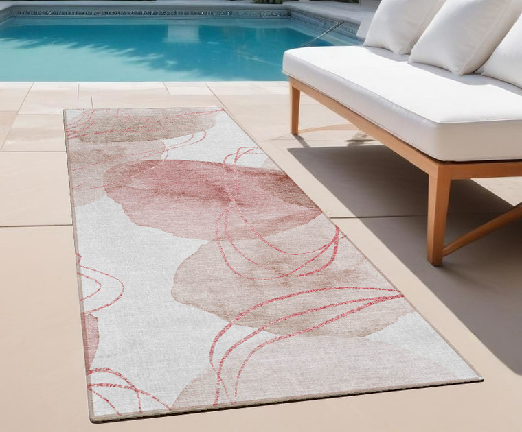 8' Runner Merlot and Ivory Abstract Washable Non Skid Indoor Outdoor Runner Rug