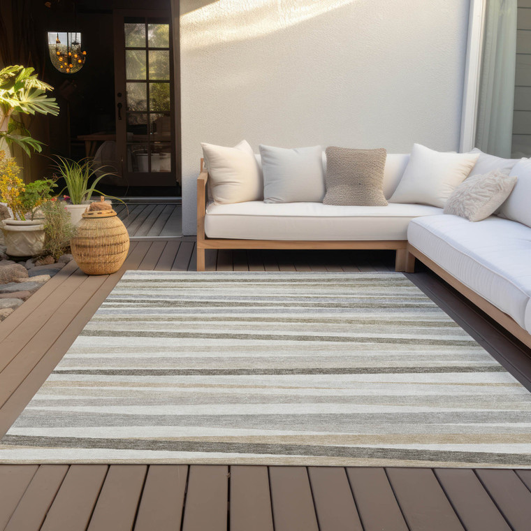 3' X 5' Ivory And Gray Striped Washable Indoor Outdoor Area Rug - Ivory, Gray