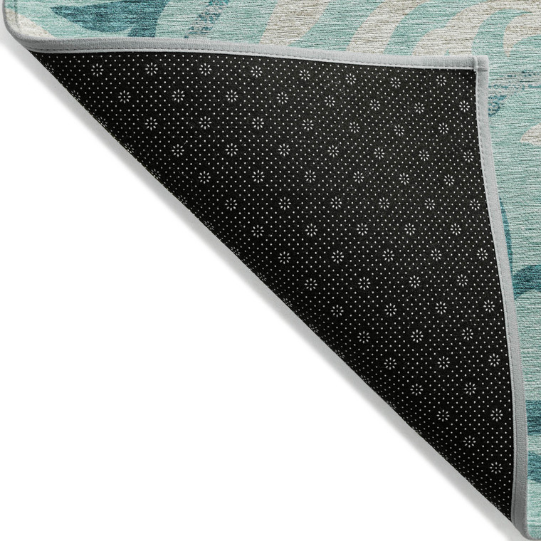 3' X 5' Teal Blue Aqua And Beige Floral Washable Indoor Outdoor Area Rug