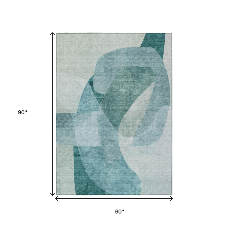 5' X 8' Teal Blue And Ivory Abstract Washable Indoor Outdoor Area Rug - Teal Blue, Ivory