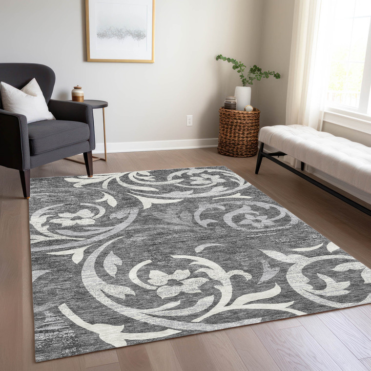 3' X 5' Charcoal Silver And Gray Floral Washable Indoor Outdoor Area Rug