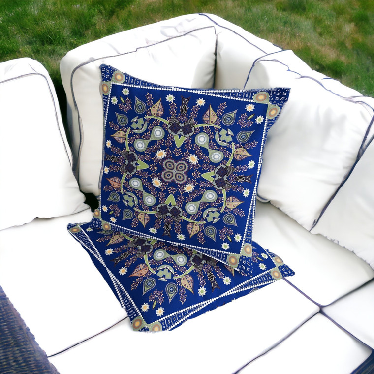 Set of Two 16" X 16" Blue and Green Blown Seam Paisley Indoor Outdoor Throw Pillow Polyester Home Accent