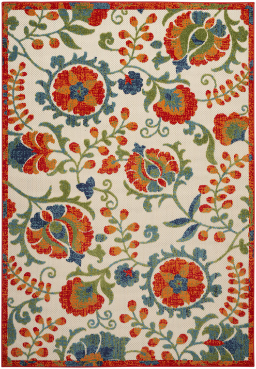 5' X 8' Red Gold Green And Teal Blue Floral Indoor Outdoor Area Rug