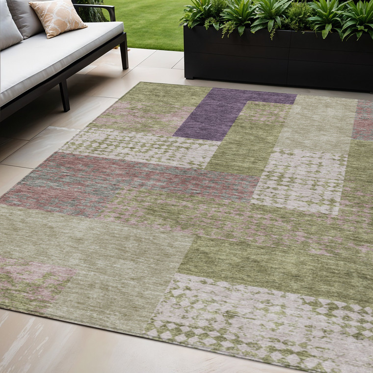 5' X 8' Green Purple And Pink Geometric Washable Indoor Outdoor Area Rug