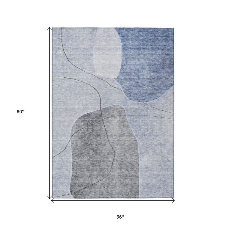 3' X 5' Denim Blue And Sky Blue Abstract Washable Indoor Outdoor Area Rug Transitional Style - Denim Blue, Sky Blue Color