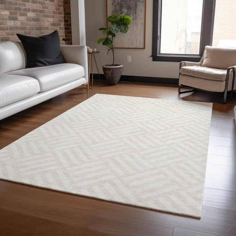 5' X 8' Ivory And Beige Geometric Washable Indoor Outdoor Area Rug - Ivory, Beige