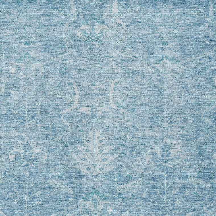 5' X 8' Sky Blue And Ivory Damask Washable Indoor Outdoor Area Rug