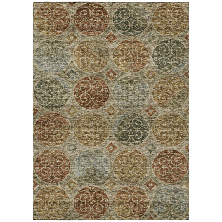 5' X 8' Taupe Green And Gold Trellis Washable Indoor Outdoor Area Rug