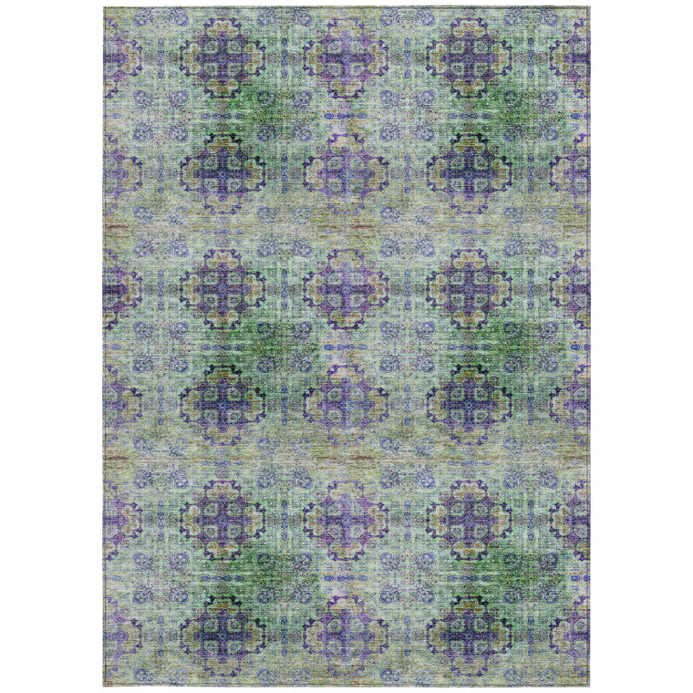 3' X 5' Purple and Green Floral Medallion Washable Non Skid Indoor Outdoor Area Rug