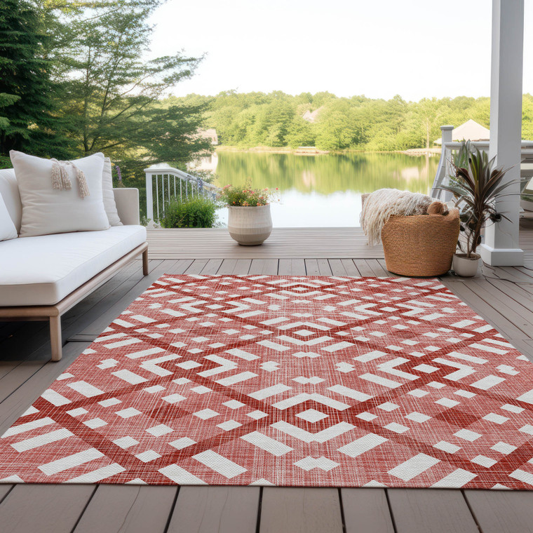 3' X 5' Red And Ivory Geometric Washable Indoor Outdoor Area Rug