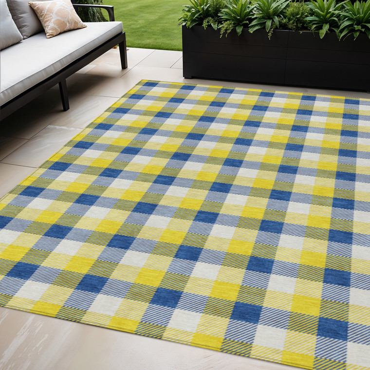5' X 8' Yellow Blue And Beige Plaid Washable Indoor Outdoor Area Rug