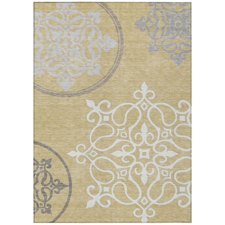 5' X 8' Gold Ivory And Gray Floral Medallion Washable Indoor Outdoor Area Rug