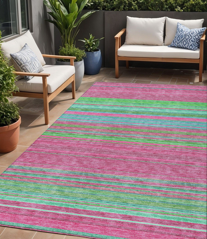 5' X 8' Blush Lime Green And Teal Blue Striped Washable Indoor Outdoor Area Rug