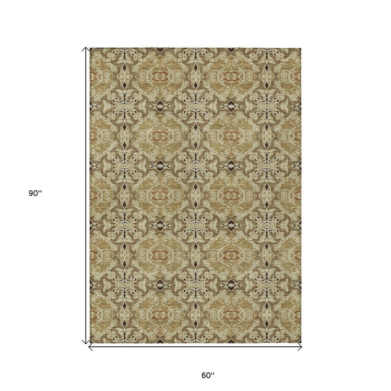 5' X 8' Brown Beige And Tan Medallion Washable Indoor Outdoor Area Rug