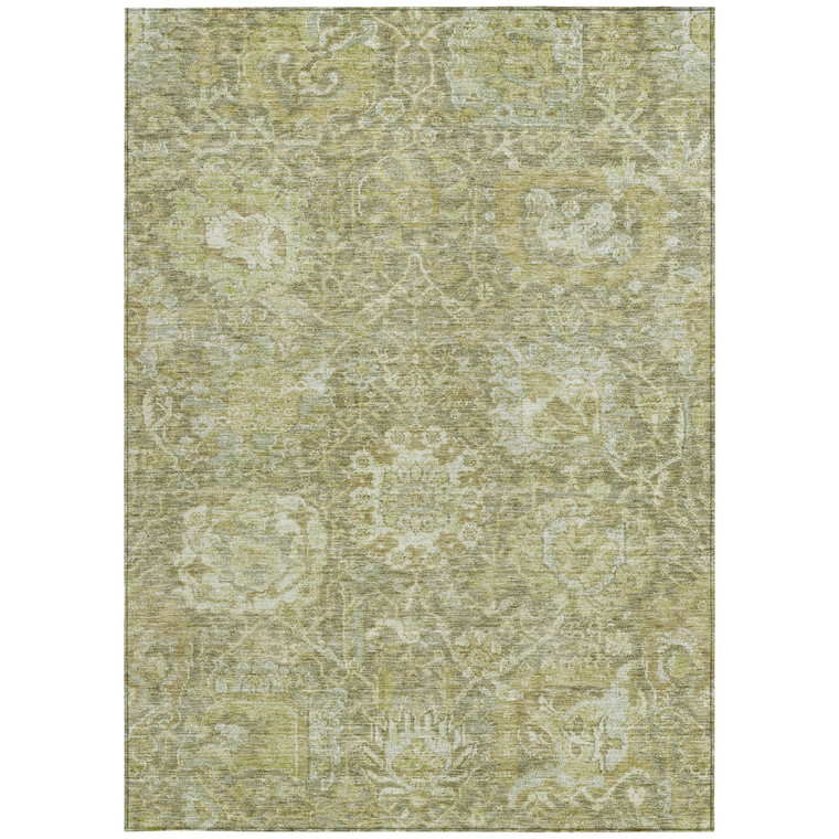 3' X 5' Sage And Green Damask Washable Indoor Outdoor Area Rug