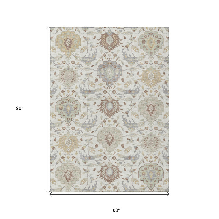 5' X 8' Ivory Brown And Gray Damask Washable Indoor Outdoor Area Rug