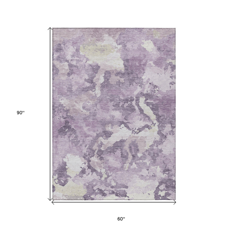 5' X 8' Lavender And Lilac Abstract Washable Indoor Outdoor Area Rug