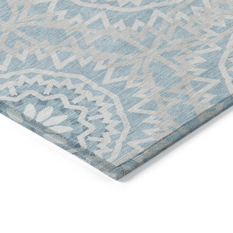 5' X 8' Denim Blue And Ivory Floral Medallion Washable Indoor Outdoor Area Rug